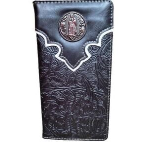 Mens wallet Virgen de Guadalupe Western Bifold Floral Black Long Wallet.